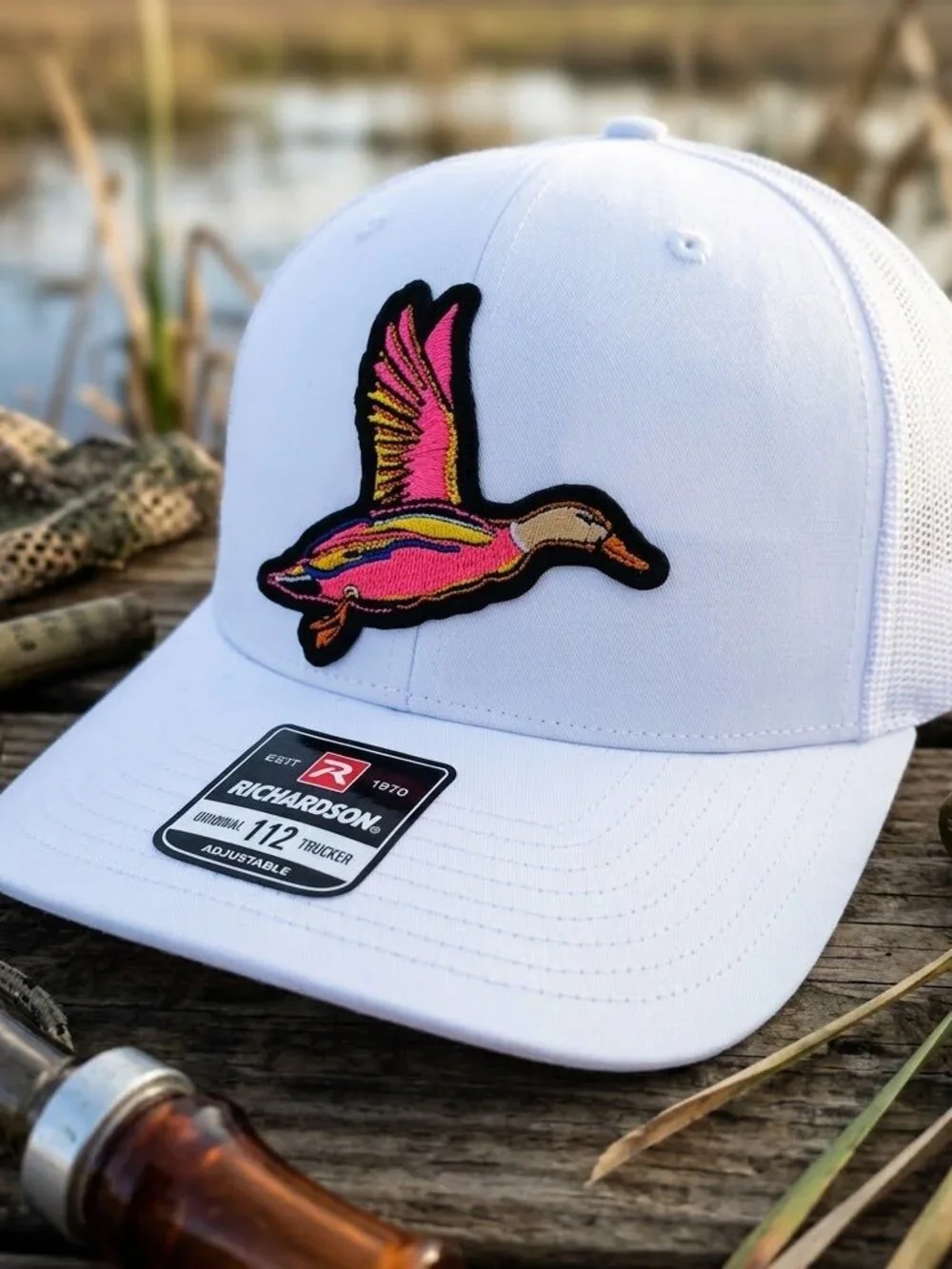 Neon Flying Mallard Duck Embroidered Patch White Richardson 112 Trucker Hat Fowl